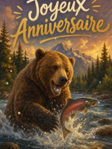 Carte anniversaire homme animée : le grizzly pêcheur de la rivière