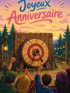 Carte anniversaire homme animée : lancer de hache entre copains
