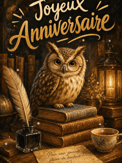 GIF animé : Carte anniversaire homme animée : le hibou savant et ses grimoires