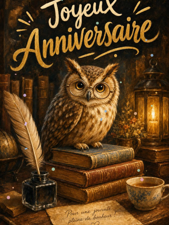 Image JPG : Carte anniversaire homme animée : le hibou savant et ses grimoires