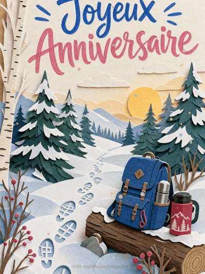 GIF animé : Carte anniversaire homme animée : raquettes dans la poudreuse
