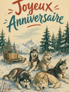 Carte anniversaire homme animée : attelage de huskys dans la neige
