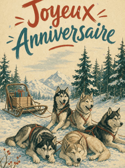 GIF animé : Carte anniversaire homme animée : attelage de huskys dans la neige