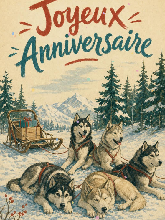 Image JPG : Carte anniversaire homme animée : attelage de huskys dans la neige