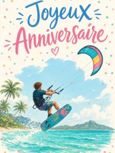 Carte anniversaire homme animée : session kitesurf sur lagon turquoise