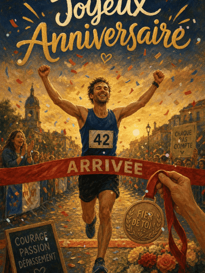 GIF animé : Carte anniversaire homme animée : dernier sprint vers la médaille