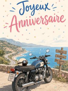 Carte anniversaire homme animée : virée moto sur la route côtière