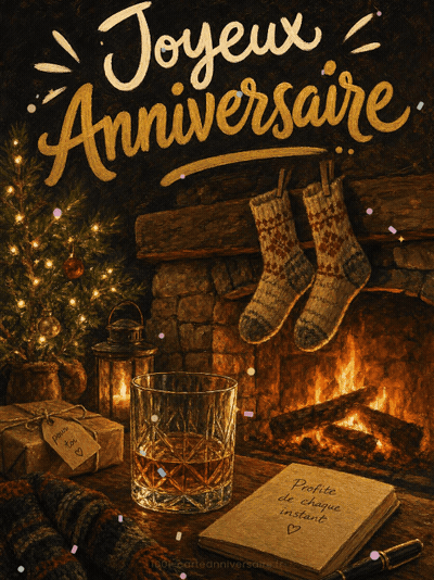 GIF animé : Carte anniversaire homme animée : dégustation au coin de la cheminée