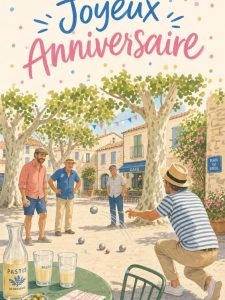 Carte anniversaire homme animée : partie de pétanque sur la place