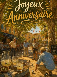 Carte anniversaire homme animée : partie de pétanque sur la place