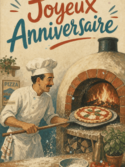Carte anniversaire homme animée : pizza du chef au four à bois