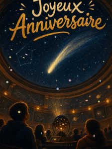 Carte anniversaire homme animée : comète filante au planétarium