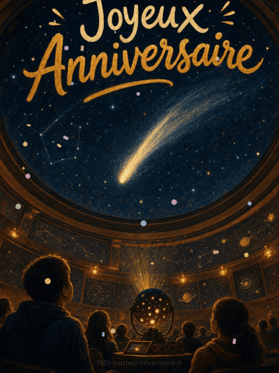 Carte anniversaire homme animée : comète filante au planétarium