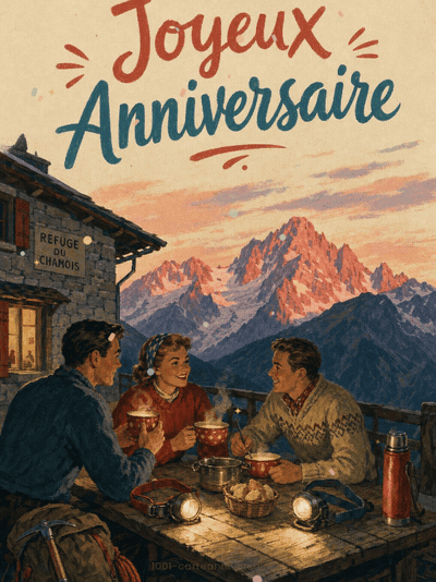 GIF animé : Carte anniversaire homme animée : bivouac au refuge de montagne