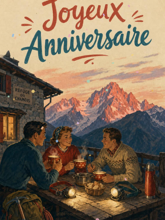 Image JPG : Carte anniversaire homme animée : bivouac au refuge de montagne