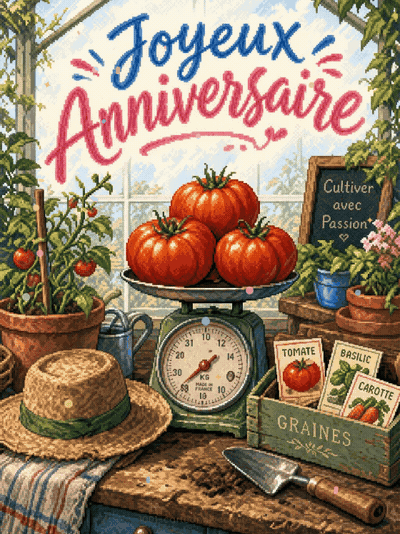Carte anniversaire homme animée : fierté du potager sous serre