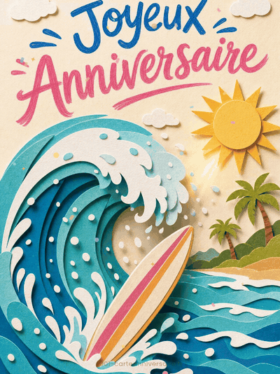 Carte anniversaire homme animée : la vague parfaite du surfeur