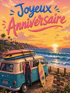 Carte anniversaire homme animée : van vintage et session de surf