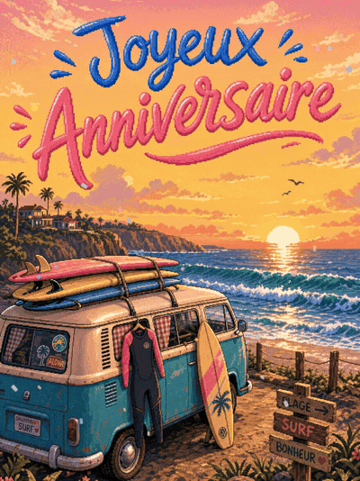 Carte anniversaire homme animée : van vintage et session de surf