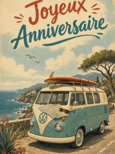 Carte anniversaire homme animée : road trip en van sur la côte