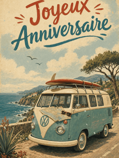 Carte anniversaire homme animée : road trip en van sur la côte