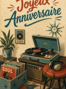 Carte anniversaire homme animée : session vinyles au salon rétro