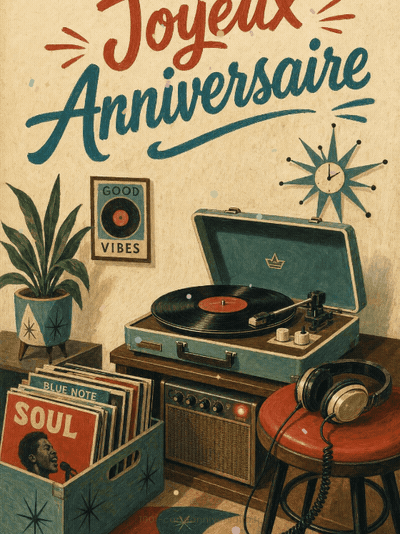 Carte anniversaire homme animée : session vinyles au salon rétro