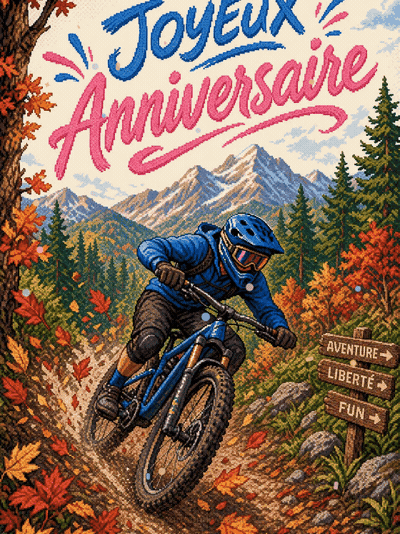 GIF animé : Carte anniversaire homme animée : le VTT lancé dans les sous-bois