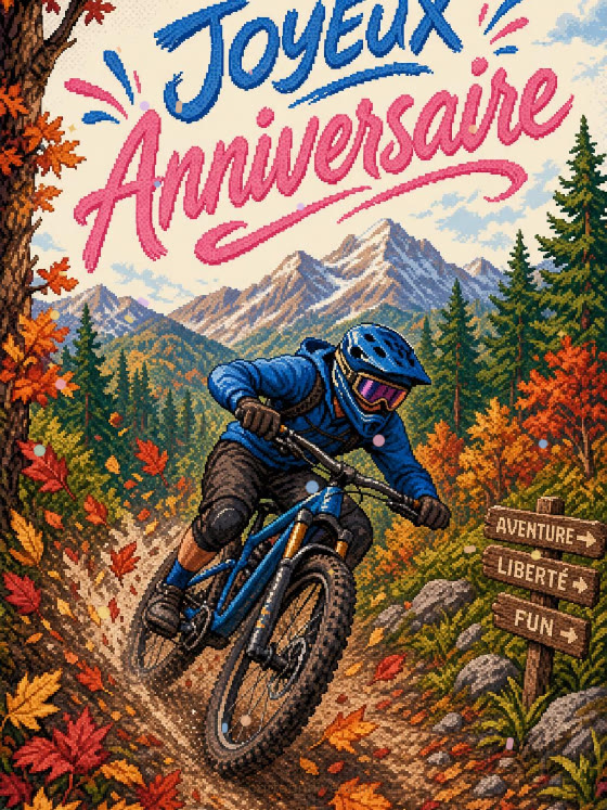 Image JPG : Carte anniversaire homme animée : le VTT lancé dans les sous-bois