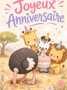 Carte anniversaire humour animée : l'autruche qui rate la surprise