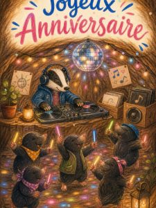 Carte anniversaire humour : DJ blaireau met le feu au terrier