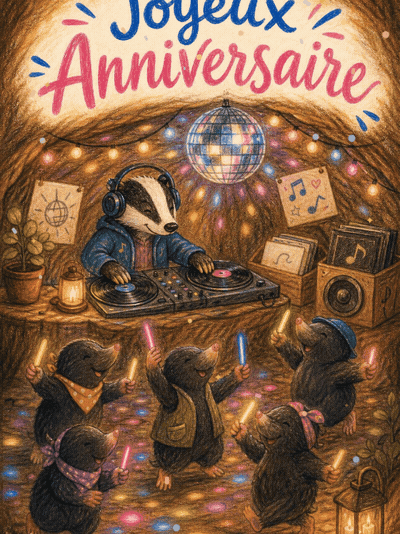GIF animé : Carte anniversaire humour animée : DJ blaireau met le feu au terrier
