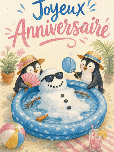 Carte anniversaire humour animée : le bonhomme de neige a eu chaud