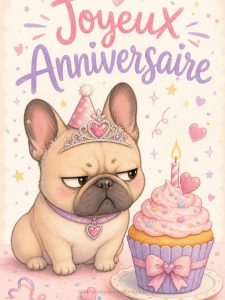 Carte anniversaire humour : le bouledogue grognon en diadème
