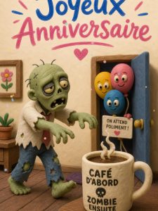 Carte anniversaire humour : pas de fête avant le troisième café