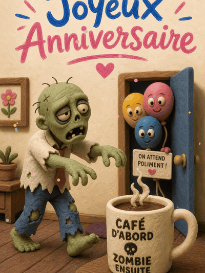 GIF animé : Carte anniversaire humour animée : pas de fête avant le troisième café
