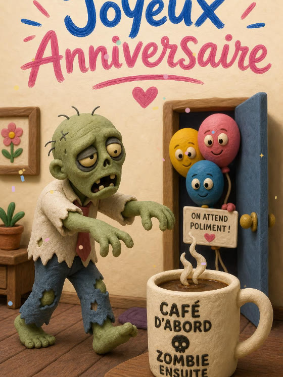 Image JPG : Carte anniversaire humour animée : pas de fête avant le troisième café