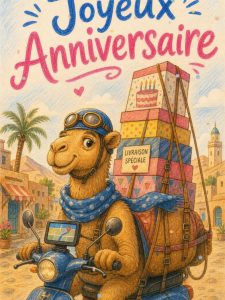 Carte anniversaire humour animée : chameau livreur express du gâteau