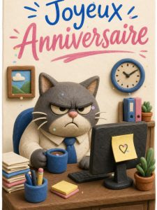 Carte anniversaire humour animée : chat de bureau un lundi matin