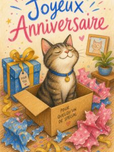 Carte anniversaire humour animée : le chat préfère le carton du cadeau
