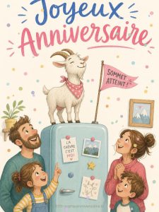 Carte anniversaire humour animée : chèvre alpiniste sur le frigo