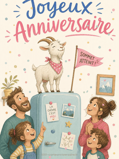 GIF animé : Carte anniversaire humour animée : chèvre alpiniste sur le frigo