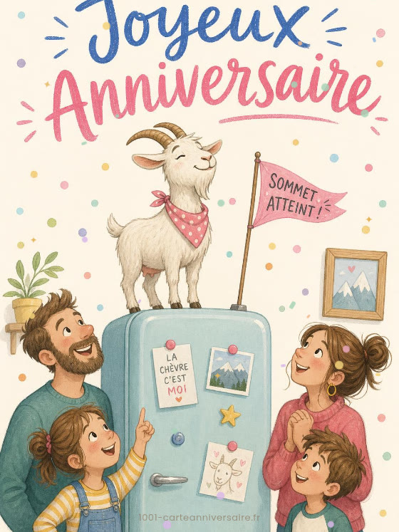 Image JPG : Carte anniversaire humour animée : chèvre alpiniste sur le frigo