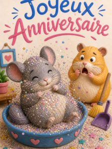 Carte anniversaire humour animée : chinchilla au bain pailleté
