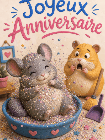 GIF animé : Carte anniversaire humour animée : chinchilla au bain pailleté