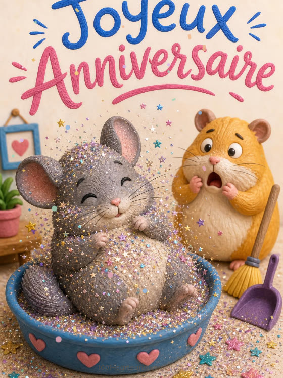 Image JPG : Carte anniversaire humour animée : chinchilla au bain pailleté