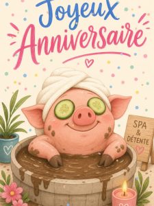Carte anniversaire humour animée : le cochon en cure au spa de boue