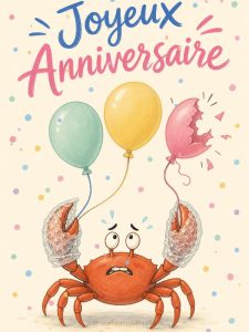 Carte anniversaire humour animée : le crabe démineur de ballons