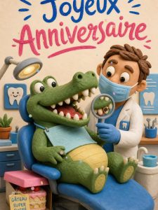 Carte anniversaire humour animée : crocodile chez le dentiste