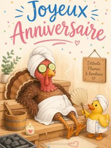 Carte anniversaire humour animée : la dinde a réservé le sauna